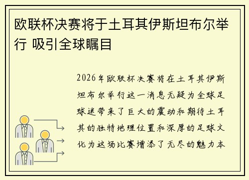 欧联杯决赛将于土耳其伊斯坦布尔举行 吸引全球瞩目 欧联杯决赛将于土耳其伊斯坦布尔举行 吸引全球瞩目
